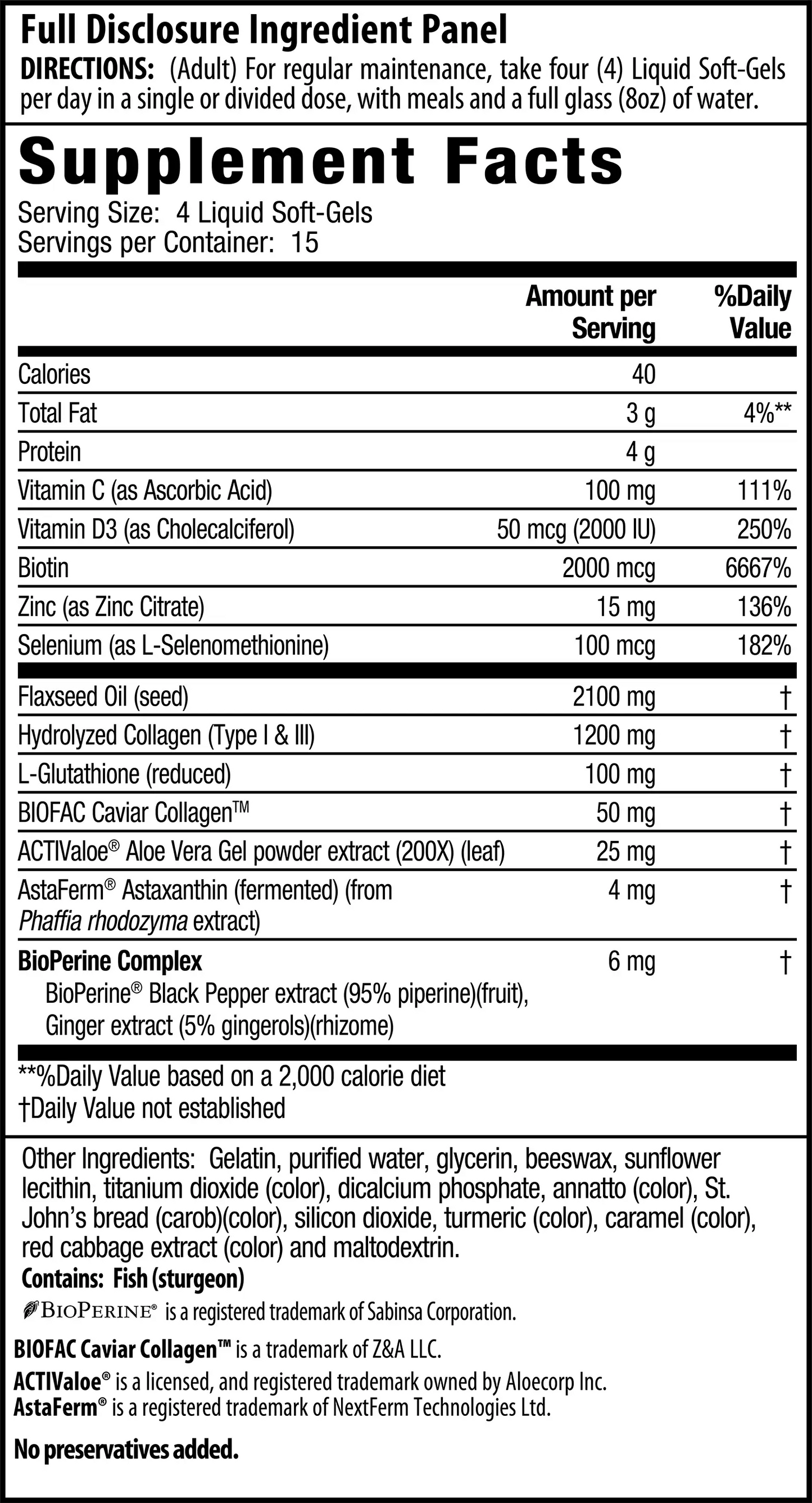 Type I, II, & III Collagen Peptides + Astaxanthin Supplement Facts
