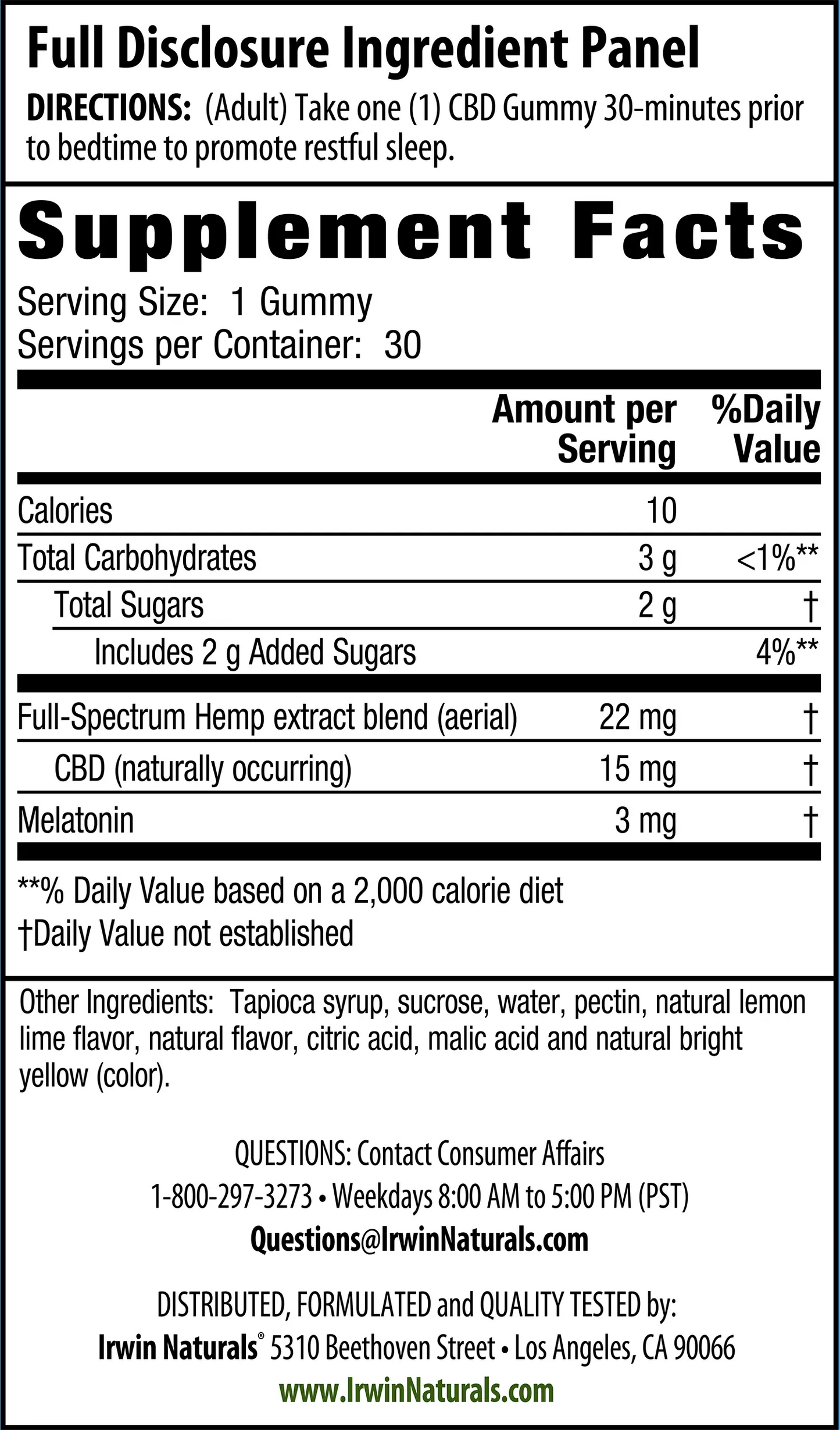 CBD Gummies 15mg + Melatonin Supplement Facts