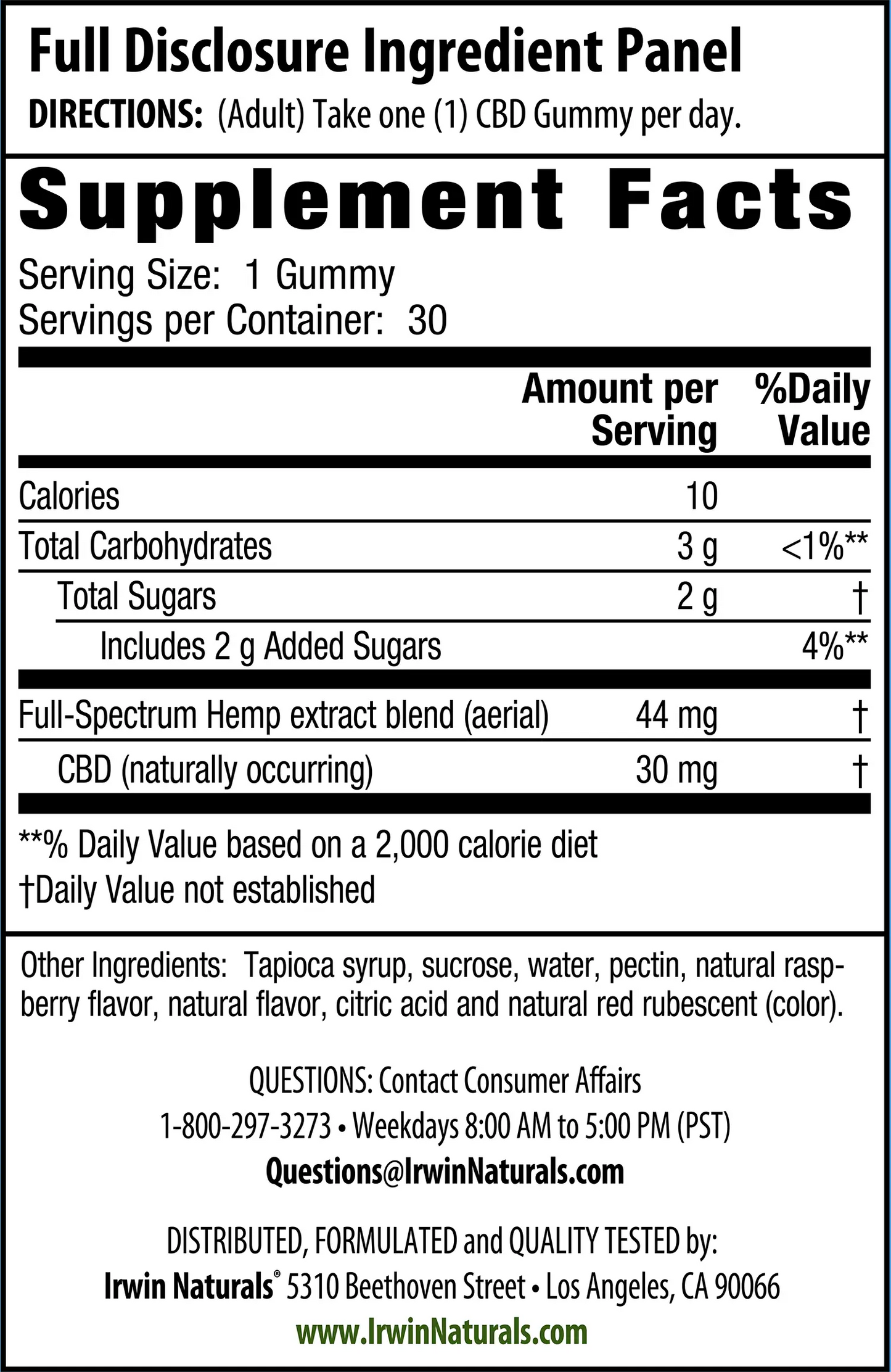 CBD Gummies 30mg Supplement Facts