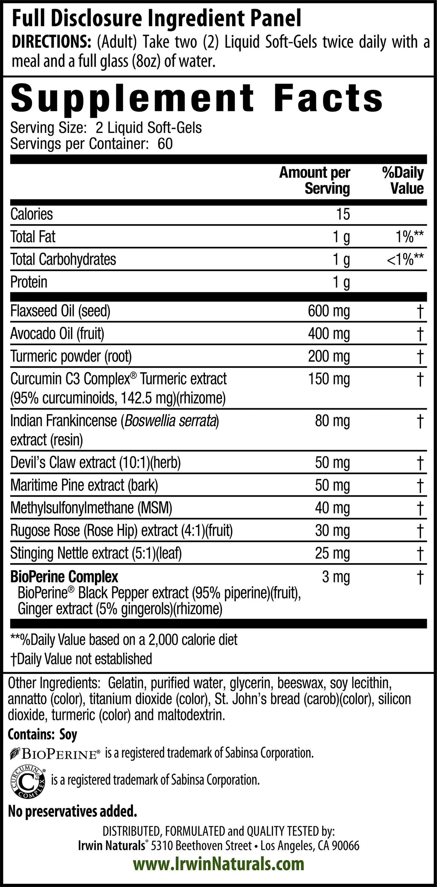 Whole Body Turmeric + C3 Complex Supplement Facts