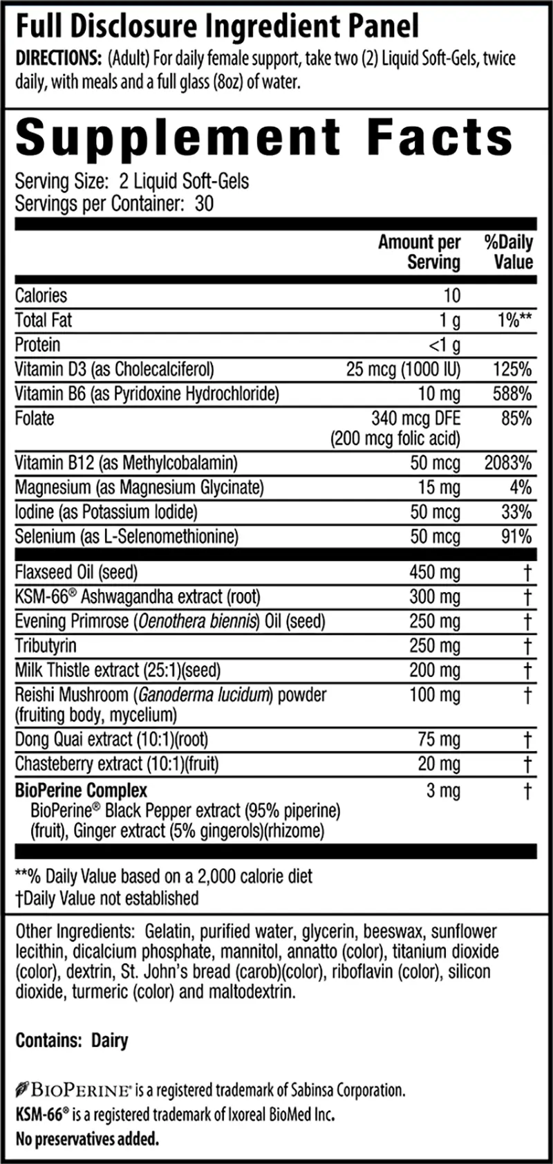 Female Balance KSM-66 Ashwagandha + Evening Primerose Supplement Facts