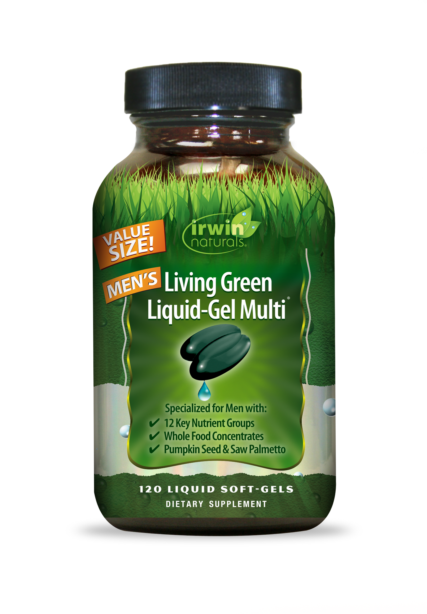 Irwin Naturals Men's Living Green Liquid-Gel Multi Value Size supplement bottle