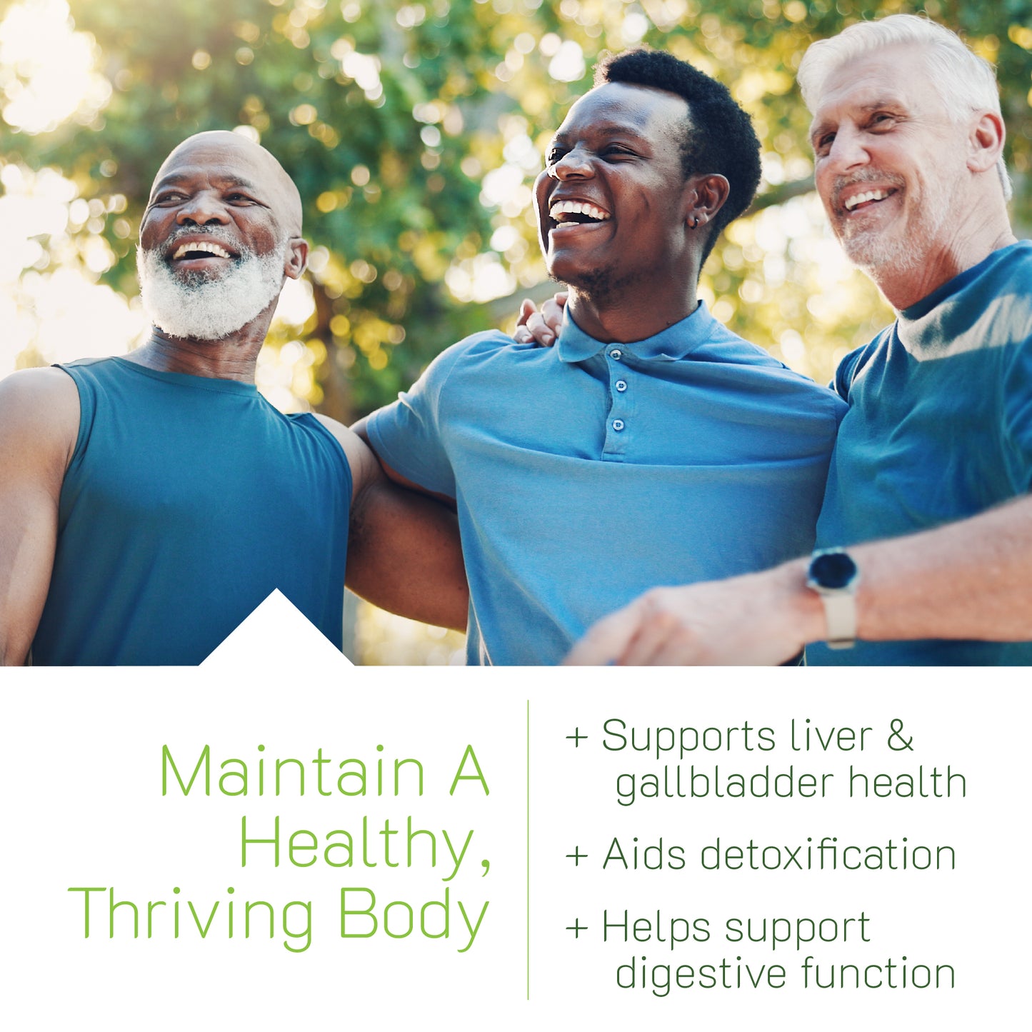 Three active men smiling outdoors, representing the liver and gallbladder health, detoxification, and digestive support benefits of Irwin Naturals Milk Thistle Liver Detox gummies.