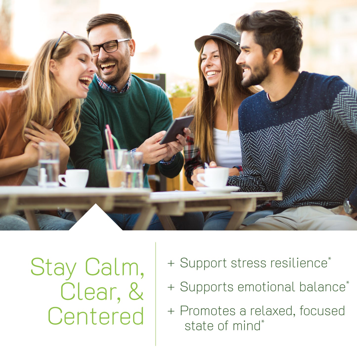 Four friends sitting together at a table, smiling and laughing, with a product advertisement overlay about supporting emotional balance