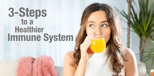 Banner featuring a women drinking a glass of orange juice next to the text "3-Steps to a Healthier Immune System.
