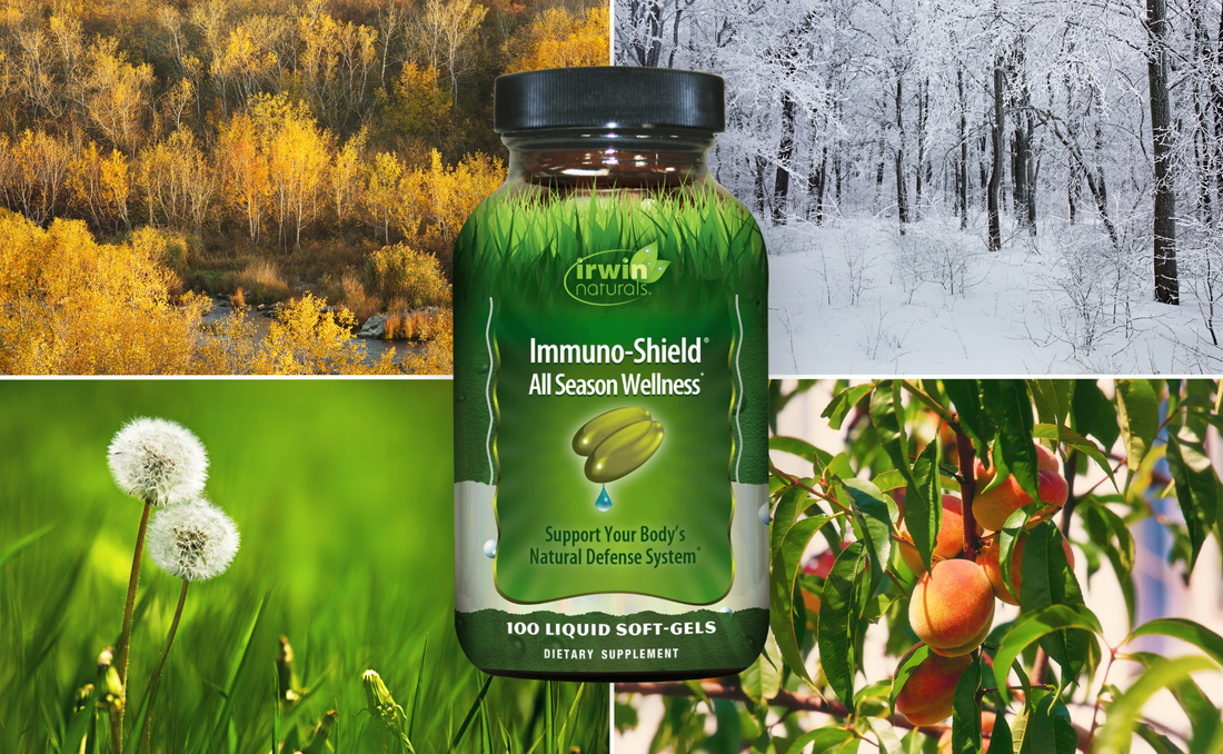 Irwin Naturals Immuno-Shield displayed over a season collage. 