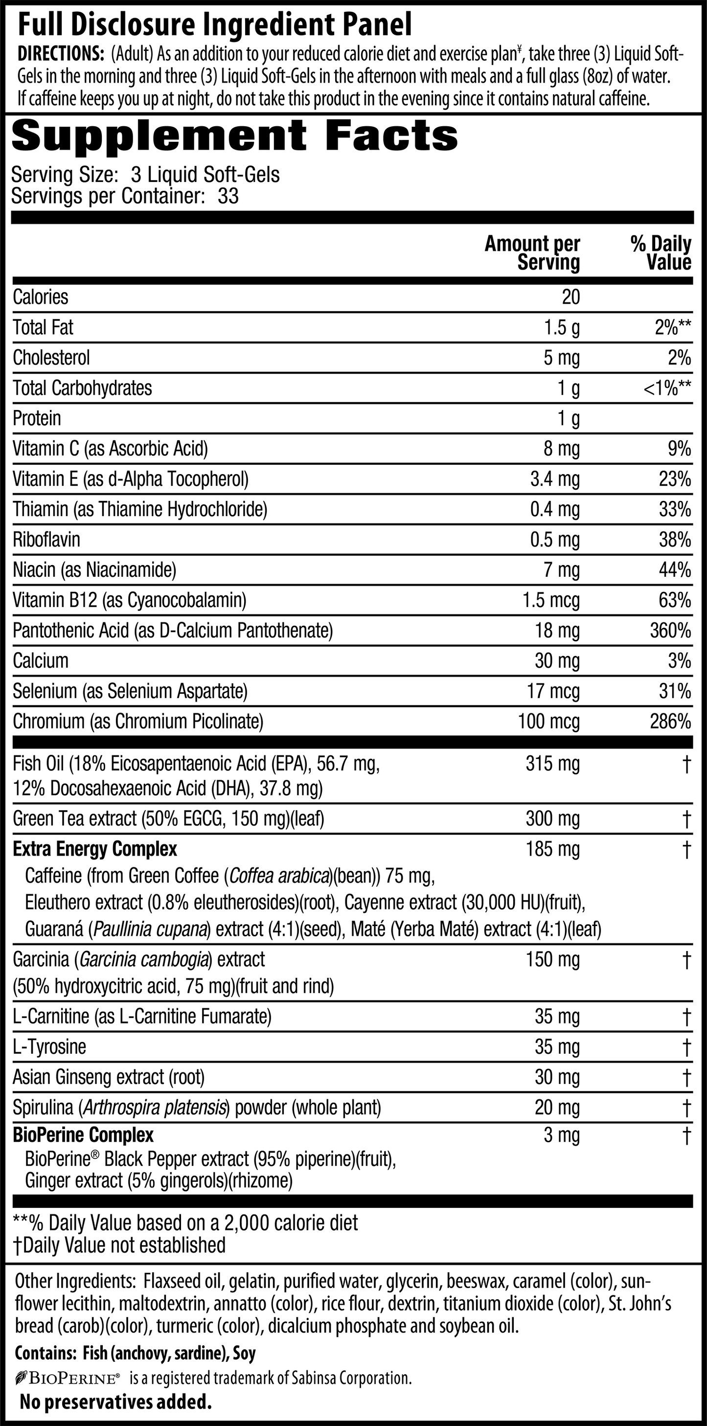 Extra Energy Thermo - Fuel Max Fat Burner Supplement Facts