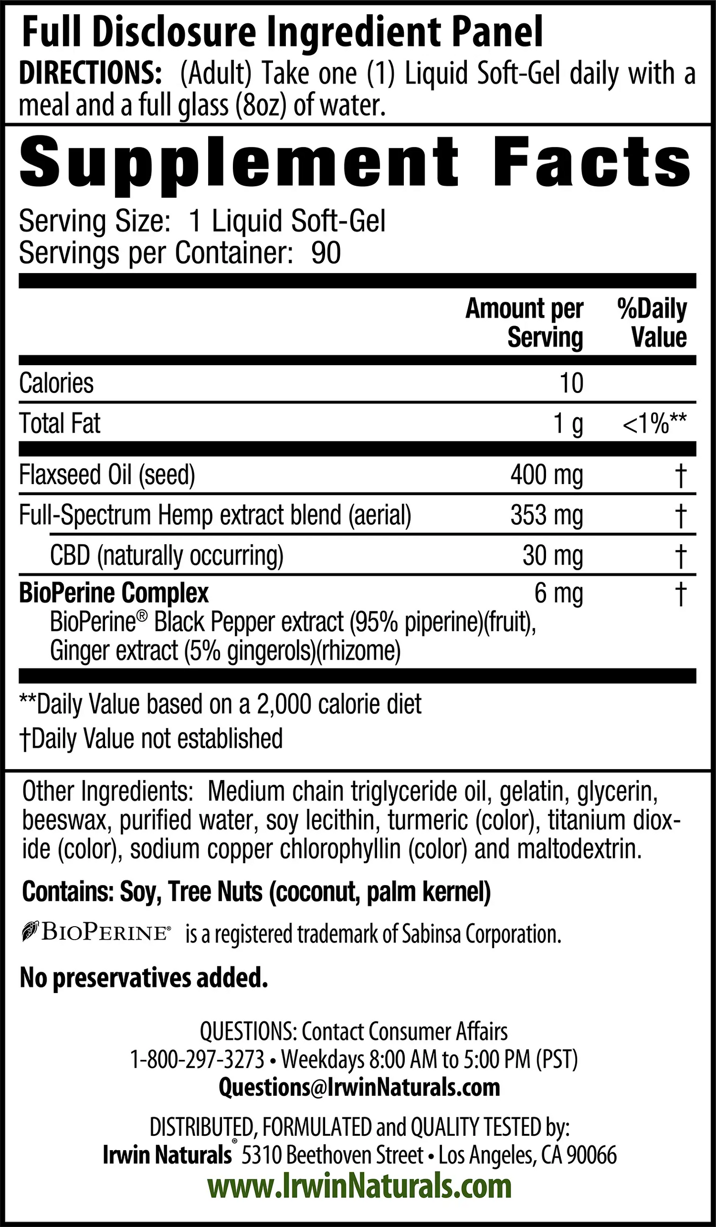 Double Potency CBD 30mg Supplement Facts