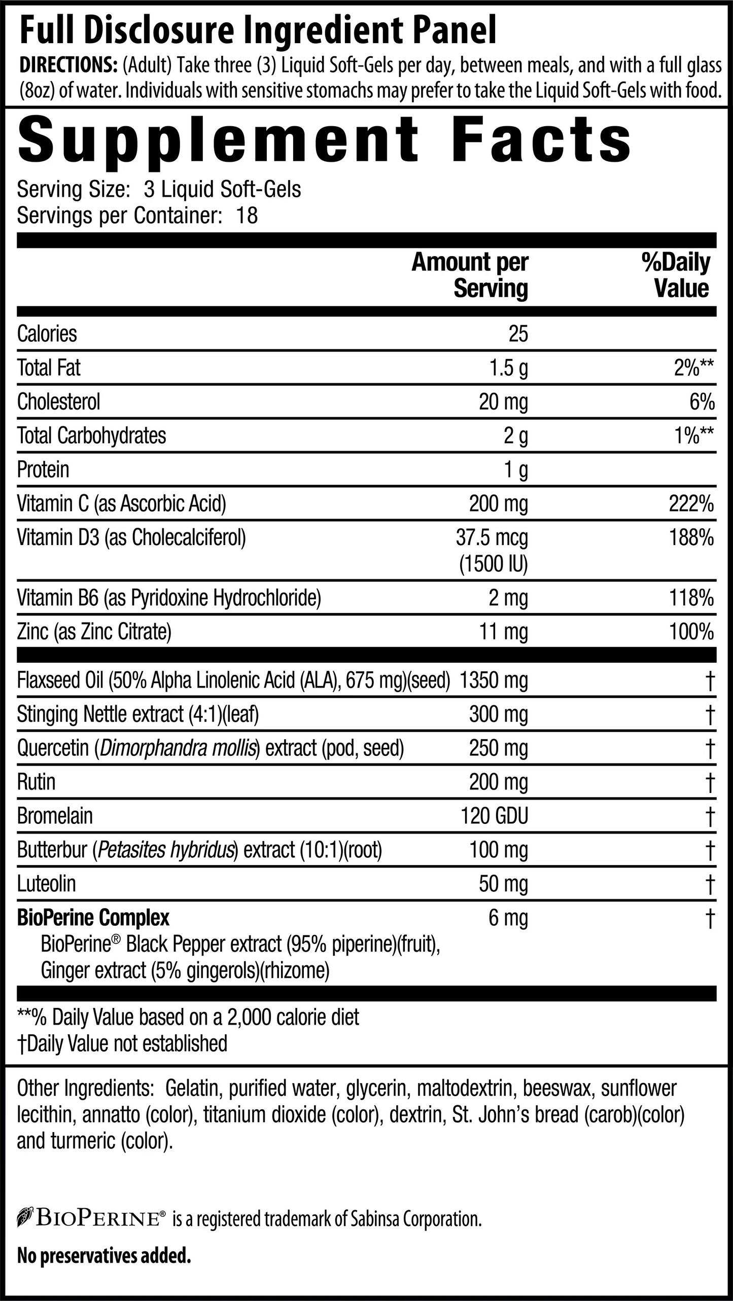 Aller-Pure Histamine Support Supplement Facts