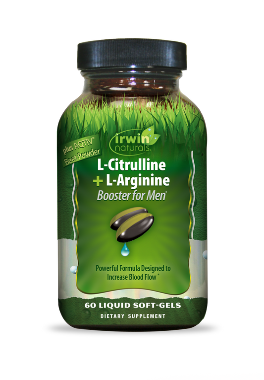 Supplement bottle labeled 'L-Citrulline + L-Arginine' by Irwin Naturals