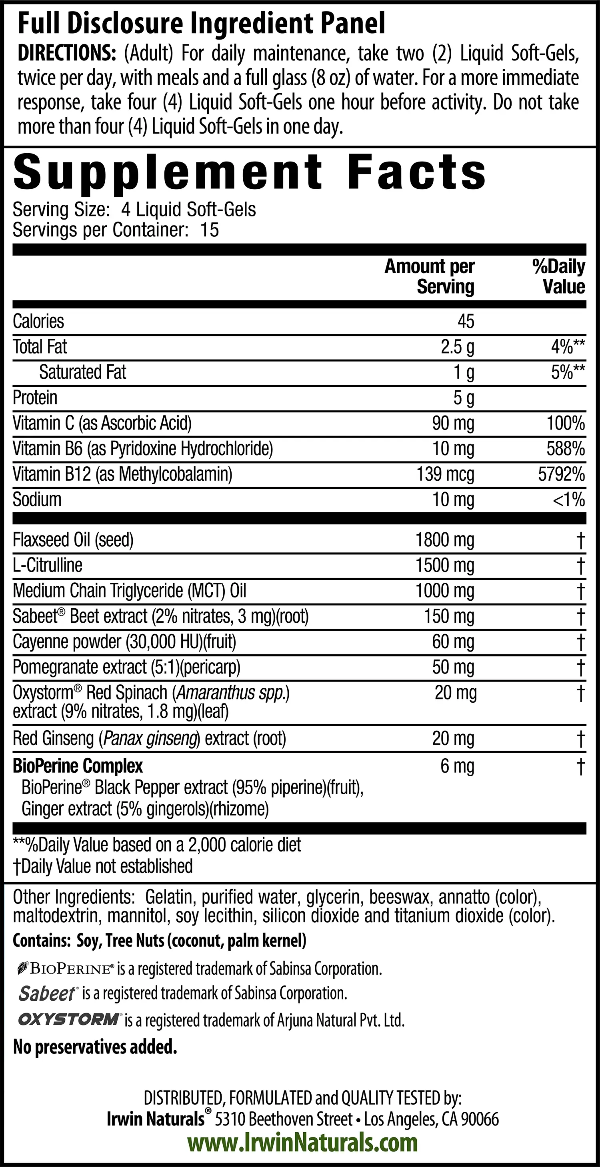 Pro-Active Nitric Oxide PWR Blood-Flow Booster Supplement Facts