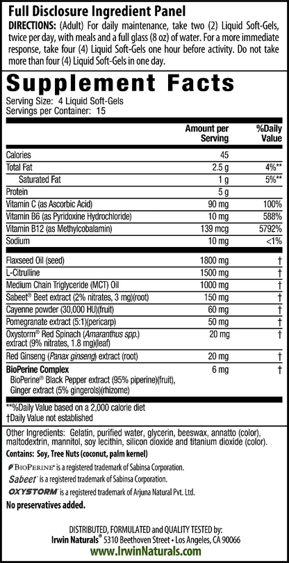Pro-Active Nitric Oxide PWR Blood-Flow Booster Supplement Facts