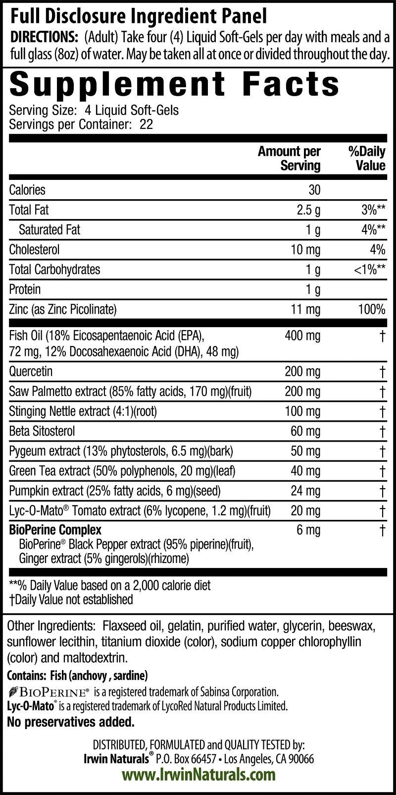 Prosta-Strong Healthy Urinary Flow Supplement Facts
