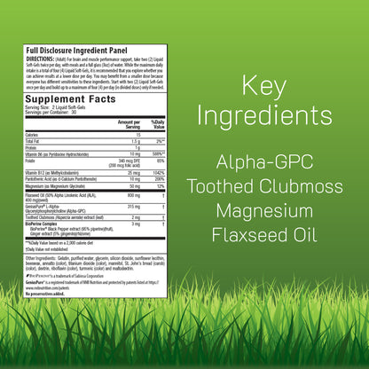 Supplement facts and key ingredients for Alpha-Choline, featuring Alpha-GPC, Toothed Clubmoss, Magnesium, and Flaxseed Oil.