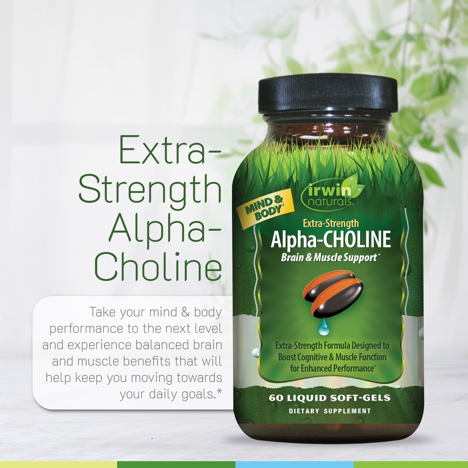 Irwin Naturals Extra-Strength Alpha-Choline Brain and Muscle Support supplement bottle featuring a green nature-themed label, highlighting benefits for cognitive and muscle function.