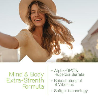 Woman taking a selfie outdoors with text about a Mind & Body Extra-Strength Formula.