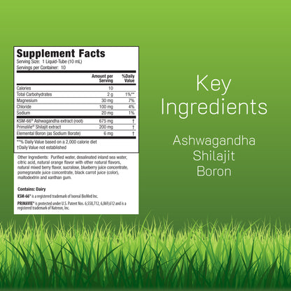 Supplement facts label with key ingredients Ashwagandha, Shilajit, and Boron