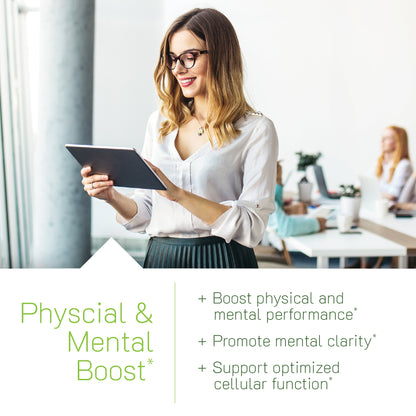 A woman in an office setting using a tablet, paired with a 'Physical & Mental Boost' text block highlighting benefits including boosted physical and mental performance, promoted mental clarity, and support for optimized cellular function.