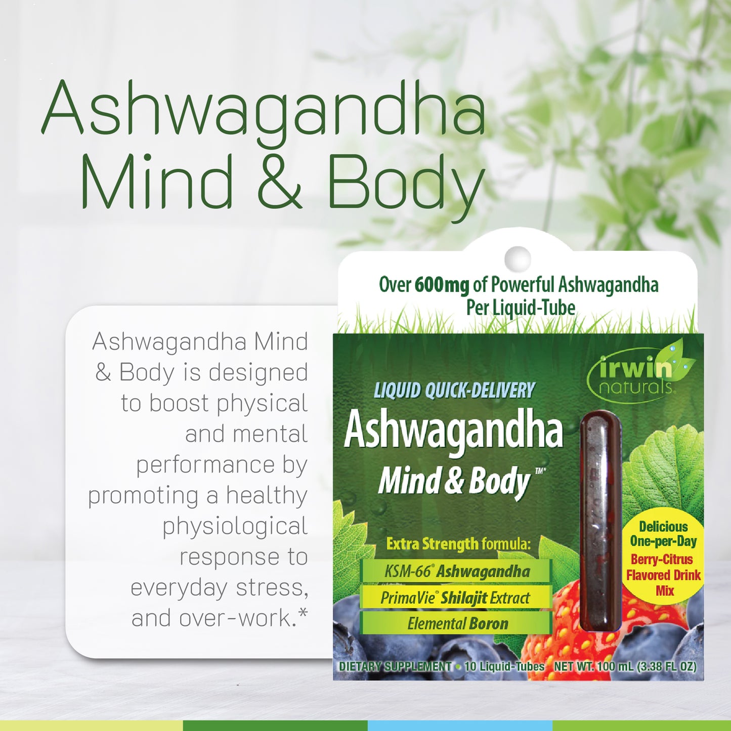 Irwin Naturals Ashwagandha Mind & Body Liquid Quick-Delivery packaging highlighting over 600mg of Ashwagandha per liquid-tube, with text explaining its design to boost physical and mental performance and promote a healthy response to stress.