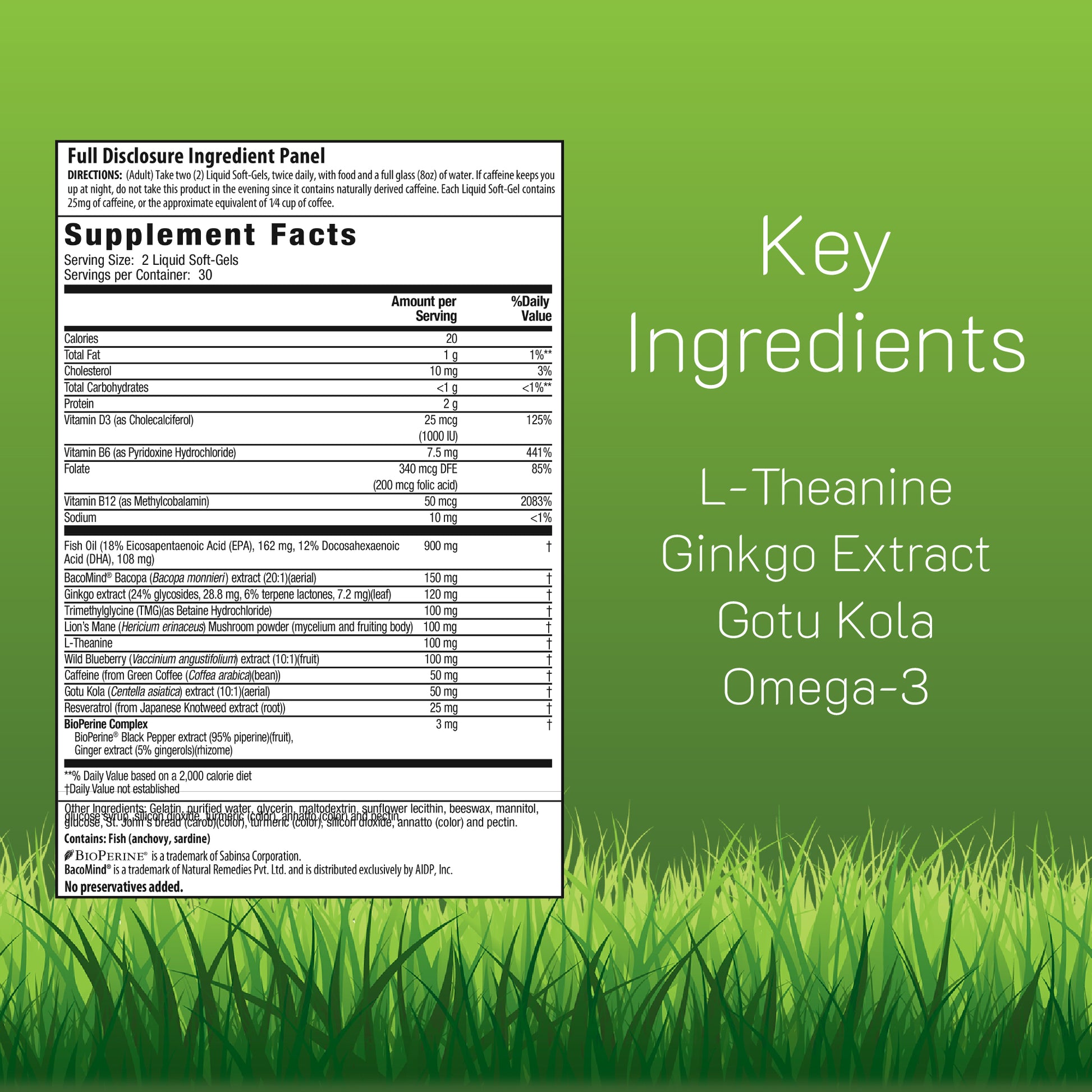 Supplement facts label with key ingredients L-Theanine, Ginkgo Extract, Gotu Kola, and Omega-3