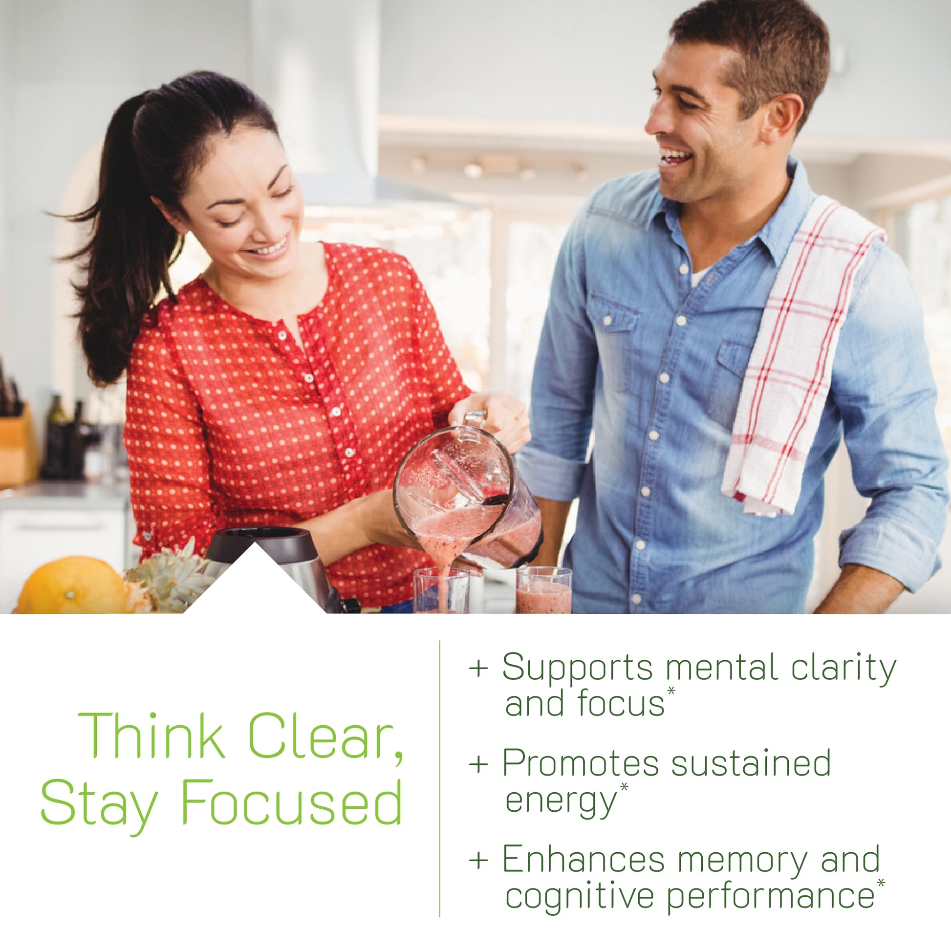 A man and woman in a kitchen, with a text block highlighting benefits for mental clarity, focus, sustained energy, memory, and cognitive performance.