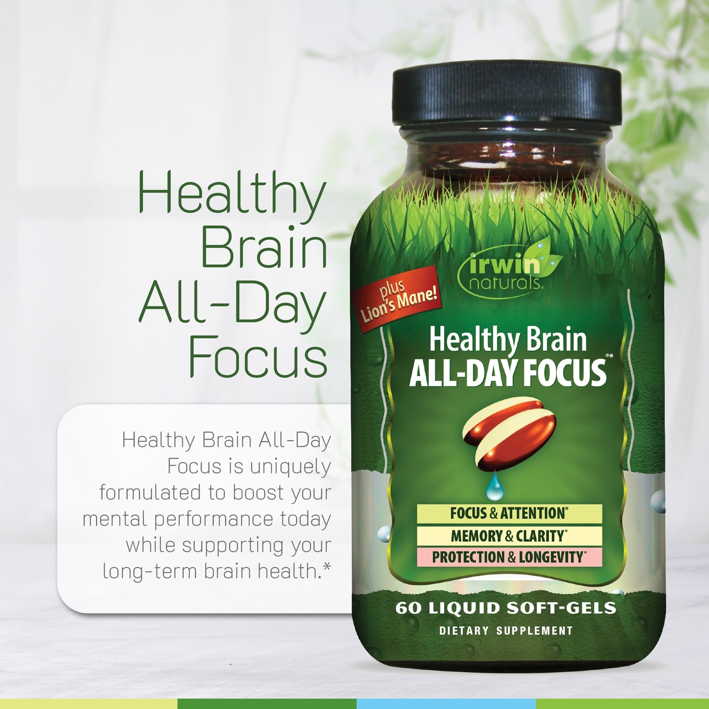 Irwin Naturals Healthy Brain All-Day Focus supplement bottle with labels highlighting focus, memory, and cognitive support.