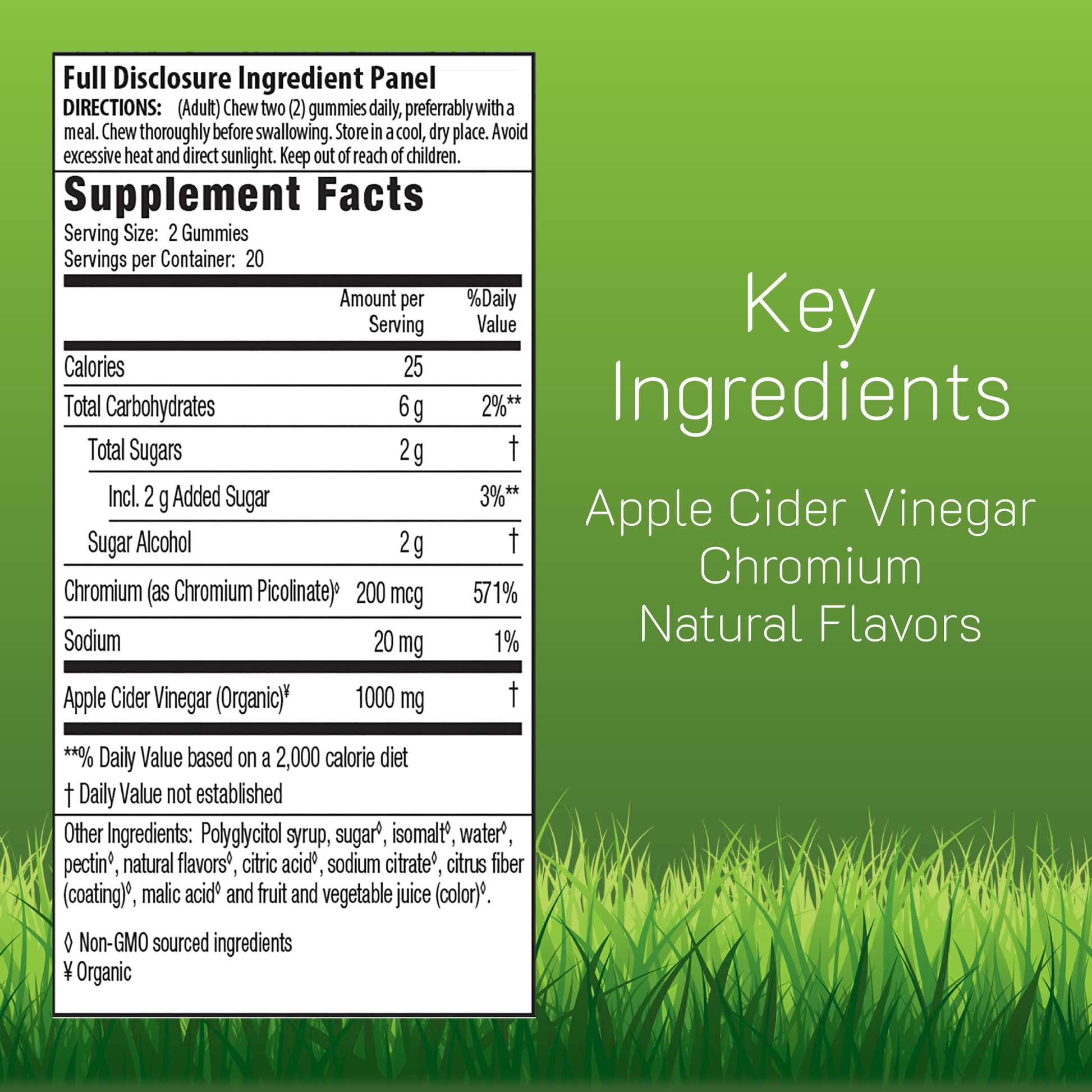 Supplement label with key ingredients Apple Cider Vinegar, Chromium, and Natural Flavors
