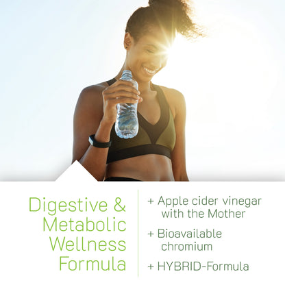 Woman holding a water bottle with text about digestive and metabolic wellness formula.