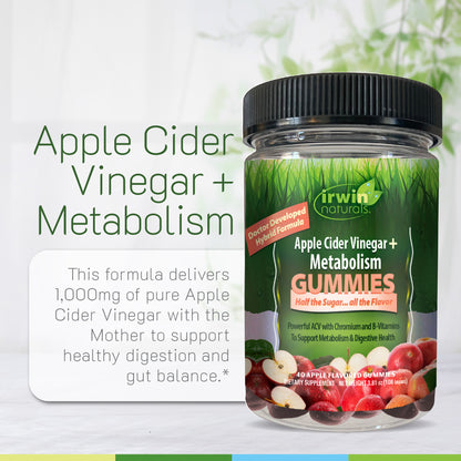Irwin Naturals Apple Cider Vinegar Metabolism Gummies bottle with text about formula delivers 1,000 mg of pure Apple Cider Vinegar
