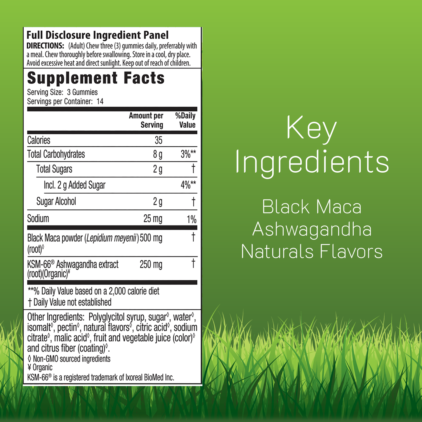 Supplement label with key ingredients Black Maca, Ashwagandha, and Natural Flavors
