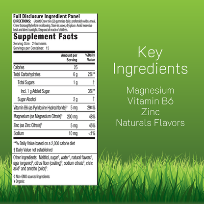 Supplement label with key ingredients, Magnesium, Vitamin B6, Zinc, and Natural Flavors