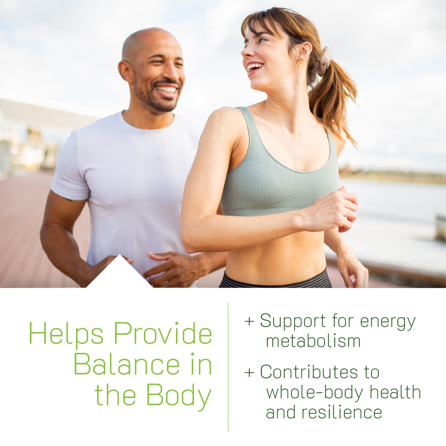 Man and woman exercising outdoors with text about support for energy metabolism and contributes to whole-body health 