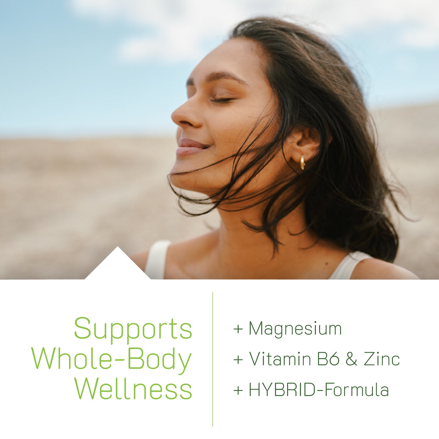 Woman with closed eyes in a natural setting, promoting whole-body wellness with text about supplement ingredients.