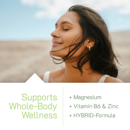 Woman with closed eyes in a natural setting, promoting whole-body wellness with text about supplement ingredients.