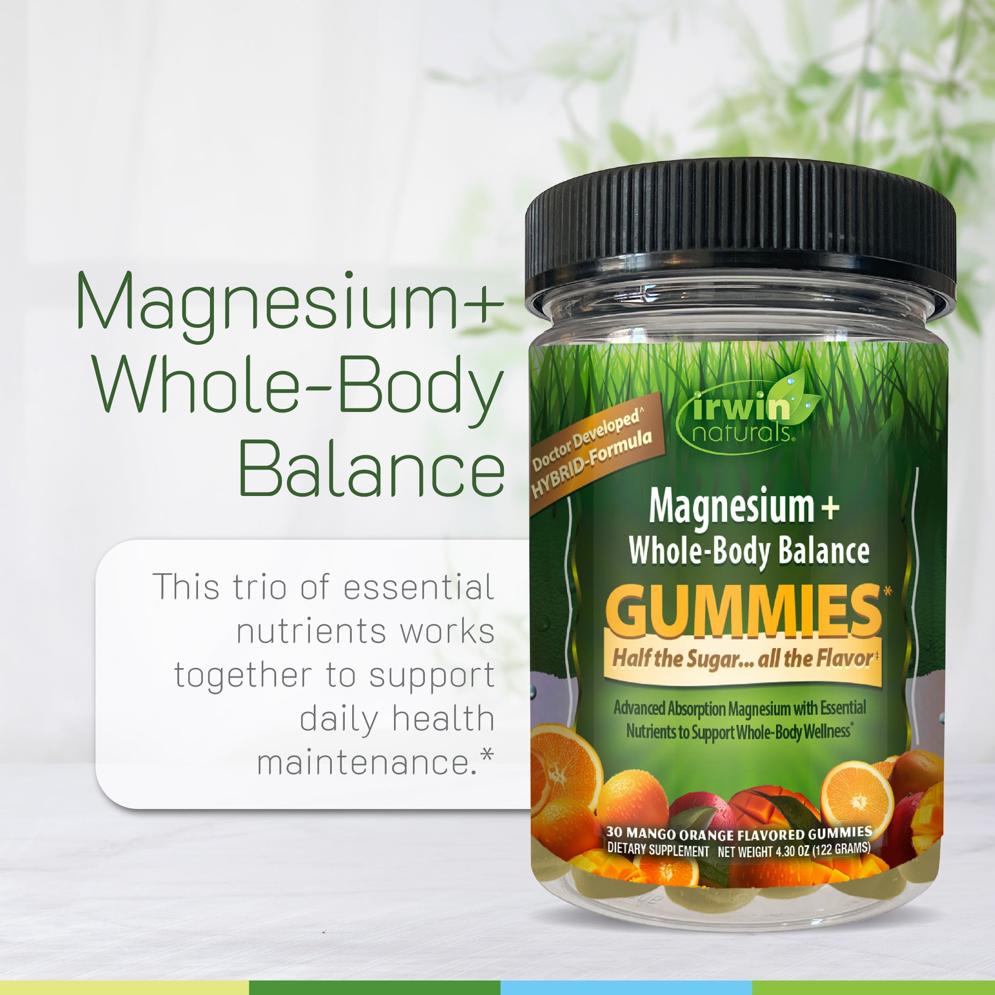 Irwin Naturals magnesium gummies with text about how this trio of essential nutrients works together to support daily health maintenance.
