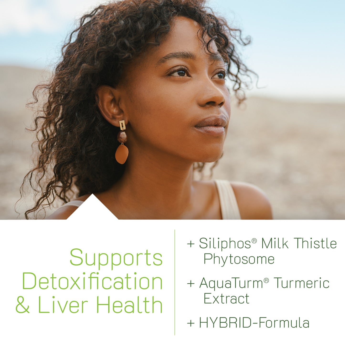 Woman with text about detoxification and liver health support on a blurred natural background