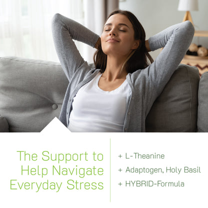 Woman relaxing on a couch with text about stress support and ingredients.