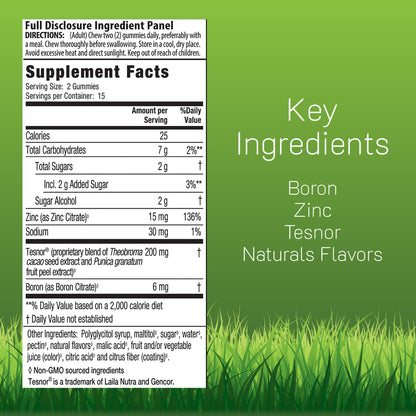 Supplement label with ingredient list and key ingredients Boron, Zinc, Tesnor, and Natural Flavors