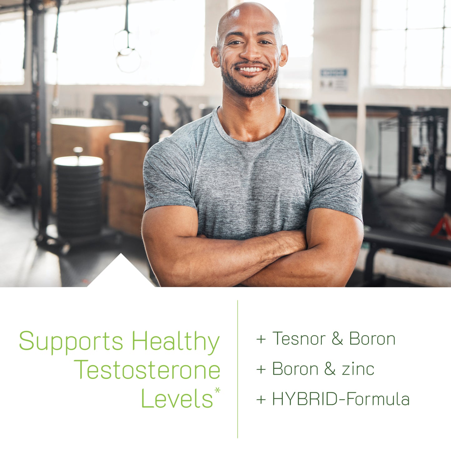 A smiling man in a gym setting above a text block that highlights how the product supports healthy testosterone levels using a hybrid-formula with Tesnor, Boron, and Zinc.