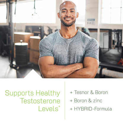 A smiling man in a gym setting above a text block that highlights how the product supports healthy testosterone levels using a hybrid-formula with Tesnor, Boron, and Zinc.