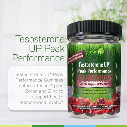 Irwin Naturals Testosterone UP Peak Performance Gummies product jar with a 'Doctor Developed Hybrid-Formula' seal, featuring text that highlights the use of Tesnor plus Boron and Zinc to support healthy testosterone levels.