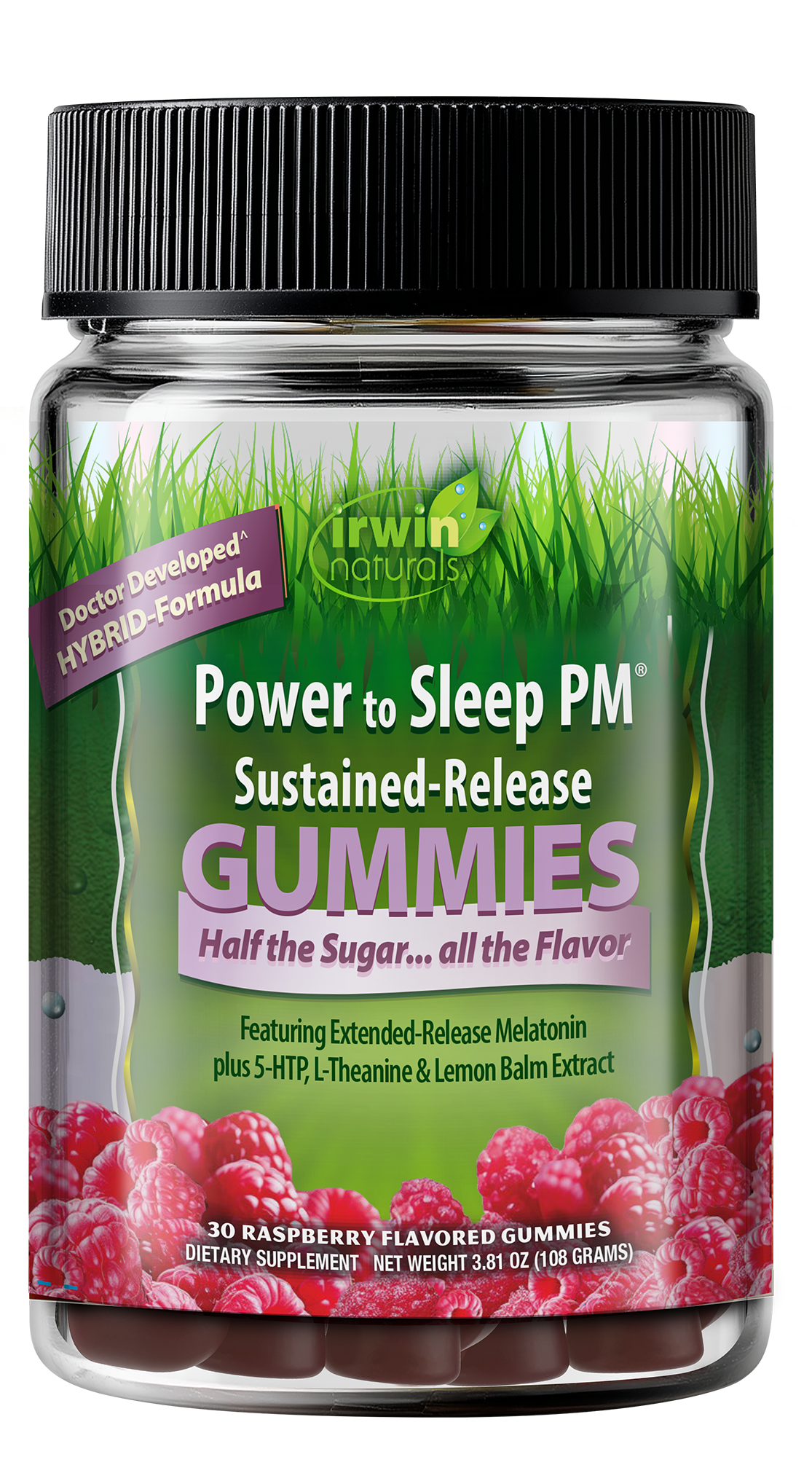 Irwin Naturals Power to Sleep PM Gummies with green label and black lid.