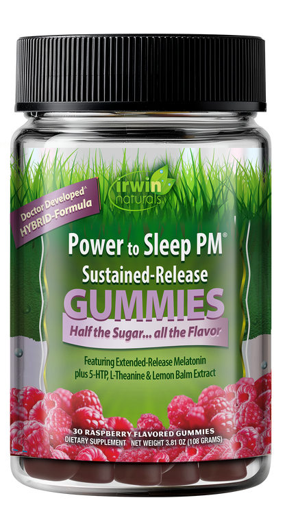 Irwin Naturals Power to Sleep PM Gummies with green label and black lid.