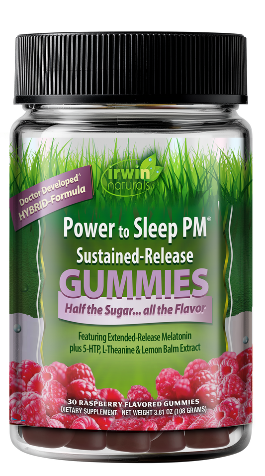 Irwin Naturals Power to Sleep PM Gummies with green label and black lid.