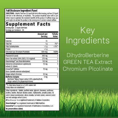 Supplement label with key ingredients DihydroBerberine, Green Tea Extract, and Chromium Picolinate