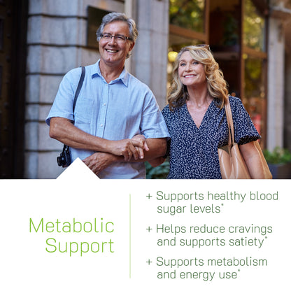An older man and woman walking together outdoors, paired with a 'Metabolic Support' text block that highlights three benefits: supports healthy blood sugar levels, helps reduce cravings and supports satiety, and supports metabolism and energy use.
