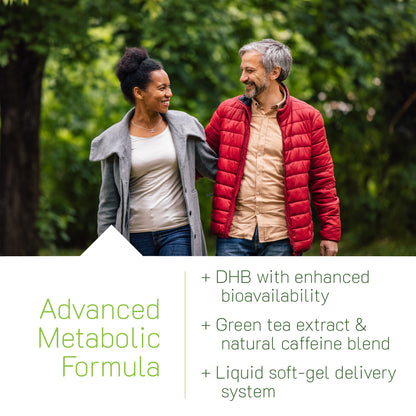 A lifestyle photo of a man and woman walking in a park, paired with a text block describing an 'Advanced Metabolic Formula' featuring DHB with enhanced bioavailability, green tea extract, a natural caffeine blend, and a liquid soft-gel delivery system.