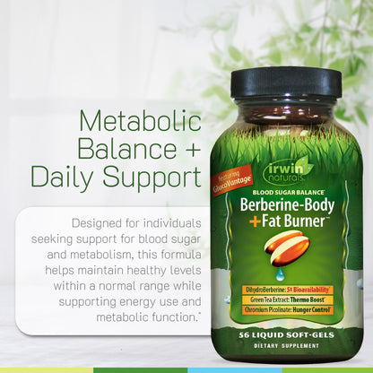 Irwin Naturals Berberine-Body + Fat Burner product bottle with text highlighting 'Metabolic Balance + Daily Support,' featuring DihydroBerberine for 5x bioavailability, Green Tea Extract for a thermo boost, and Chromium Picolinate for hunger control.