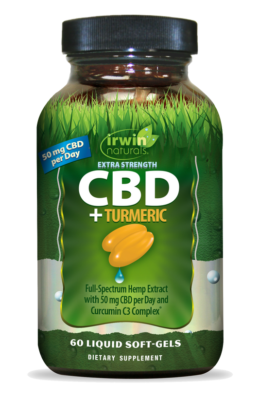 Irwin Naturals_Cbd +Turmeric Extra Strength Product Image. Full Spectrum Hemp Extract with 50mg CBD per day and Curcumin C3 Complex